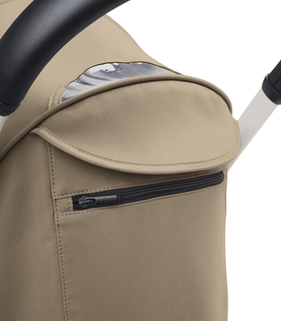 Stokke® YOYO3® 6+ Toffee. White Frame. Canopy ventilation closed, close-up. galery image 5